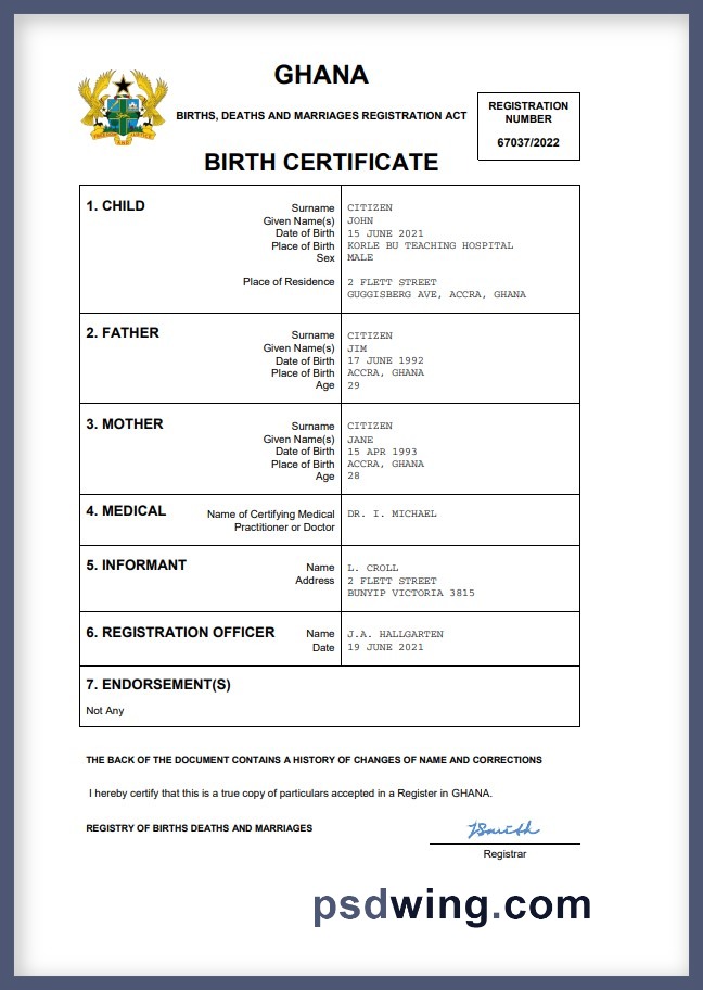 Ghana Vital Record Birth Certificate (Word & PDF)
